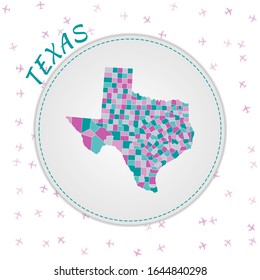 Texas map design. Map of the US state with regions in emerald-amethyst color palette. Rounded travel to Texas poster with US state name and airplanes background. Appealing vector illustration.