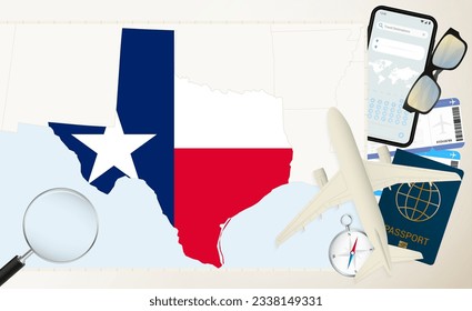 Texas map and flag, cargo plane on the detailed map of Texas with flag, passport, magnifying glass and airplane. Vector template.