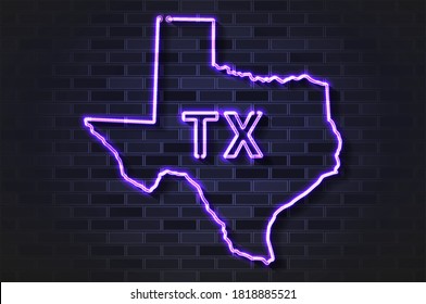 Lámpara de neón brillante o tubo de vidrio de Texas. Ilustración vectorial realista. Muro de ladrillo negro, sombra suave.