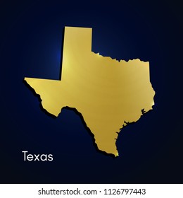 Texas map golden textured. Vector illustration. Territory emblem with light and shadow. State metallic icon. Stylish country image. Metal texture domain shape. Part of USA.