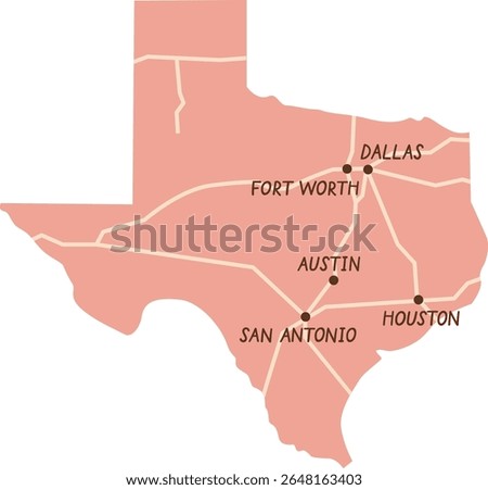 Texas map with hand drawn lettering. Vector illustration