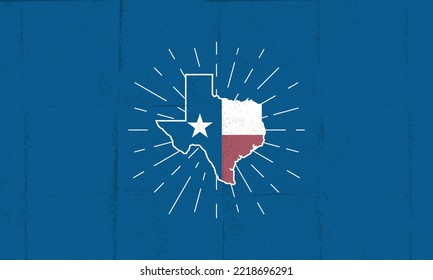 Texas map icon. Texas icon with light rays isolated on blue background. Texas poster design with grunge texture. Vector illustration