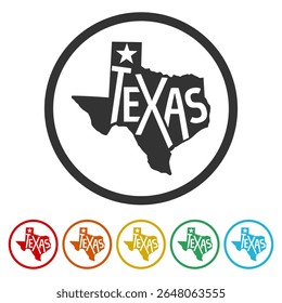 Icono de mapa de Texas. Establecer íconos en Botones de círculo de color