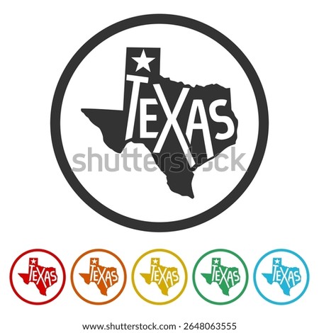Texas map icon. Set icons in color circle buttons