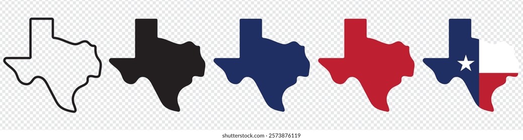 Texas map icons set. Texas map icon. Texas symbol.State Border , United States , US America, scribble sketch Texas map, isolated on transparent background, used for mobile phone, app.