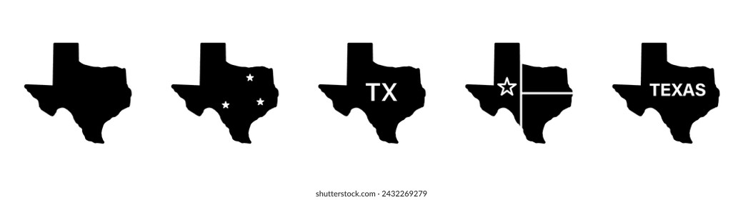 Iconos de mapas de Texas. Iconos del mapa fronterizo de Texas. Símbolo de signo de Texas - ilustración vectorial