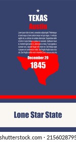 Texas map with information. American state infographic template in colors of Texas flag. USA travel postcard, poster concept design