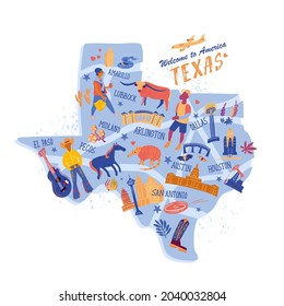 Texas map with landmarks icons set. Traditional symbols, people and buildings animals flowers full color vector illustration.