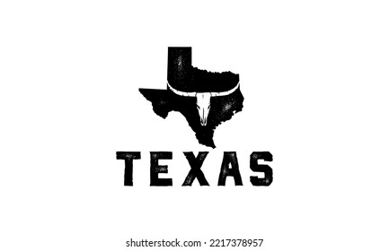 Texas map and longhorn with vintage stamp effect isolated on white background. Vector template