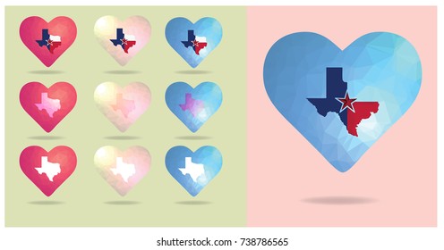 texas map on heart geometric polygonal, mosaic style.