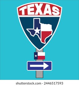 Texas map on highway road sign over blue background