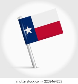 Texas map pin flag icon. Pennant map marker on a metal needle. 3D realistic vector illustration.