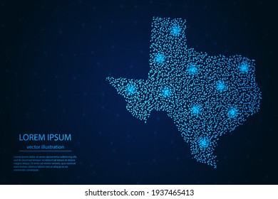 Mapa de Texas desde estrellas azules y brillantes en un fondo oscuro. Vector eps 10.