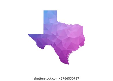 Texas Map - Polygon Style Vector Illustration in Blue and Purple Gradient, Low Poly Geometric Design, Isolated on White Background, Ideal for Infographics and Learning Materials.