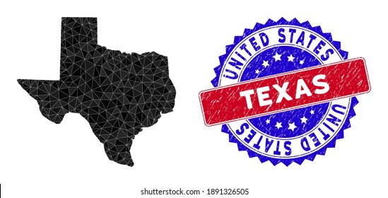 Texas mapea malla poligonal con triángulos rellenos y sello bicolor grunge. Mapa de mosaico triangular de Texas con modelo vectorial de malla, triángulos de varios tamaños, posiciones y tingles de color.