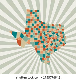 Texas map. Poster with map of the us state in retro color palette. Shape of Texas with sunburst rays background. Vector illustration.