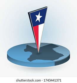 Texas map in round isometric style with triangular 3D flag of US State Texas, vector map in blue color.