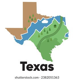 Texas map shape of states cartoon style with forest tree and river landscape graphic illustration