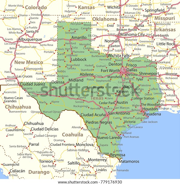 Texas Map Shows State Borders Urban Stock Vector (Royalty Free) 779176930