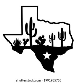 Silhouette de mapas de Texas y cactusa silueta negra del desierto. Ilustración vectorial de la silueta de mapas de Texas aislada en blanco para el diseño. Símbolo de señas de Texas