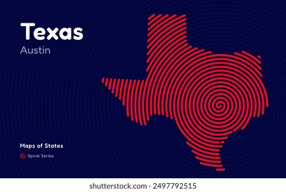 Texas Map in Spiral Formation: Austin Takes Center Stage. Fingerprint and stripes pattern. American states maps.