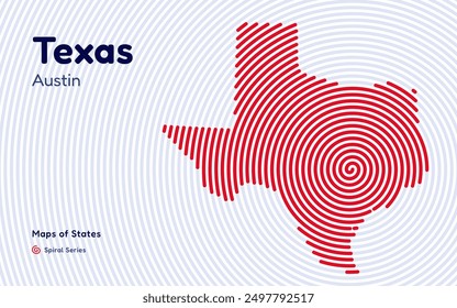 Texas Karte in Spiralform: Austin rückt in den Mittelpunkt. Fingerabdruck und Streifenmuster. Landkarten amerikanischer Bundesstaaten.