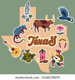 Texas map with symbols, animals and plants. Vector illustration