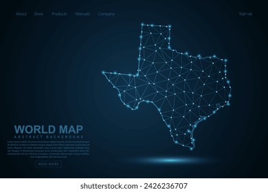 Mapa de Texas - USA Map línea de masa y escalas de puntos sobre fondo azul de la tecnología. Línea de red poligonal de malla 3D de marco de alambre, esfera de diseño, punto y estructura - Ilustración vectorial eps 10