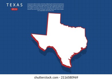 Texas Map - USA, Vereinigte Staaten von Amerika Karte Vektorvorlage mit isometrischem Stil mit weißer und roter Farbe einschließlich Schatten auf blauem Hintergrund - Vektorgrafik eps10