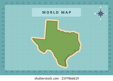 Texas Map - USA, United States Of America Map Vector Template High Detailed With Green And Cream Color Isolated On Blue Background Including Compass Rose Icon - Vector Illustration Eps 10