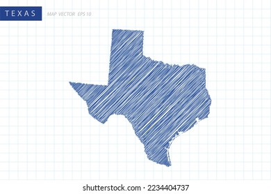 Texas Map - USA, United States of America Map vector template with blue outline graphic and pen drawing sketch style isolated on white grid background for design - Vector illustration eps 10