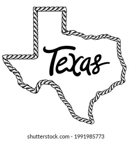 Texas Map Vector Illustration. Texas Lasso Rope Frame With Text Isolated On White For Design. Texas Sign Symbol