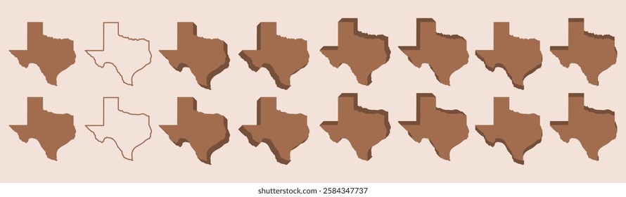 Texas map vector pack solid flat outline 3D shadow isometric independence day