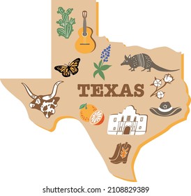 Texas map and vector symbols  animals  plants  Flat illustration