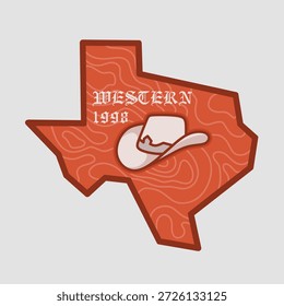 Mapa do Texas com padrão de madeira e chapéu de Cowboy, design clássico e cor perfeita para impressão, vestuário, etc