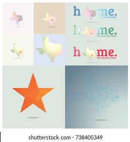 texas maps with home word, star and nickname THE LONE STAR STATE  in geometric polygonal style collection.