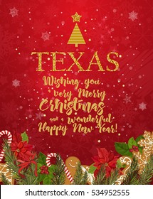 Texas Merry Christmas and a Happy New Year greeting vector card on red background with snowflakes.