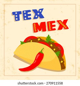 texas mexican cuisine menu template with taco, chili pepper and geometrical border on bright background