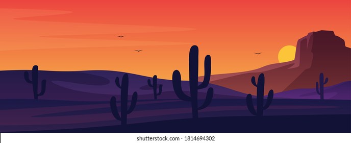 Texas or Mexican desert panorama landscape. American traditional nature background. Vector prairie landscape with sun and cactuses. Retro Arizona Western Day sunset for print, poster or wall picture