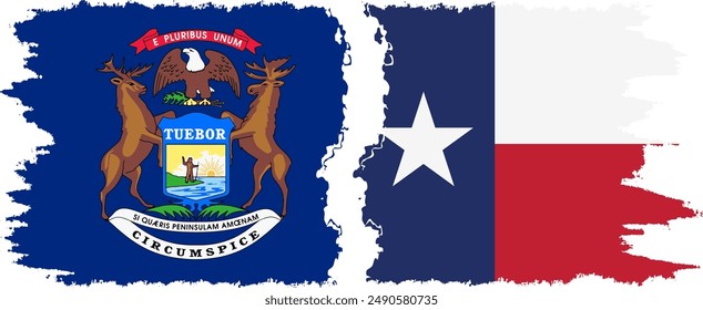 Texas and Michigan states grunge brush flags connection, vector