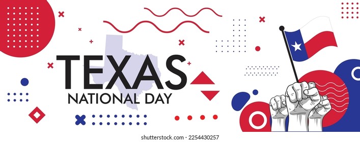 Texas National day or Texas banner with retro abstract geometric shapes, Texas flag and map. Red and black colors scheme.Texas Unity Day. Vector Illustration