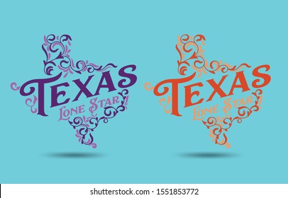 Texas With Nickname Lone Star, And Floral Swirl Logo Design Concept, Vector Eps