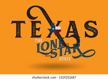 Texas nickname The Lone Star State with small map, Vintage Style, Vector EPS 10.