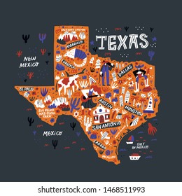 Texas orange map flat hand drawn vector illustration. Western american state infographic doodle drawing. Texas landmarks, attractions and cities guide. USA travel postcard, poster concept design