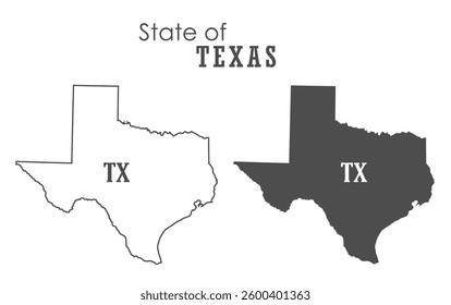 Texas. The outline and silhouette of the state with the abbreviated abbreviation of the name. The state border. A template for the design of printed products
