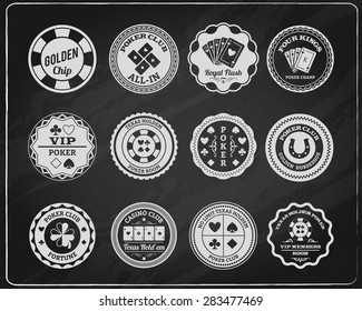 Texas poker club members room blackboard  labels collection chalk  with four kings  sketch abstract isolated vector illustration