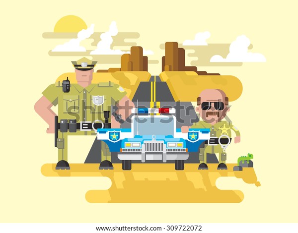 Texas\
police. Cop, officer, law and sheriff, vehicle with siren,\
security, policeman. Flat vector\
illustration
