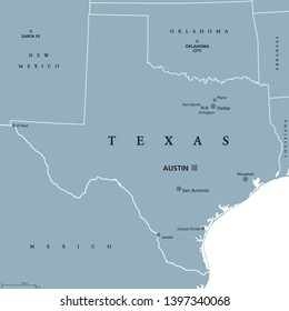 Texas political map with capital Austin. State in the South Central region of the United States of America, bordered by Gulf of Mexico. Gray illustration on white background. English labeling. Vector