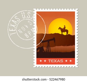 Texas postage stamp design. 
Vector illustration of scenic landscape. Grunge postmark on separate layer