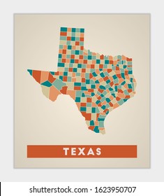 Texas poster. Map of the us state with colorful regions. Shape of Texas with us state name. Artistic vector illustration.